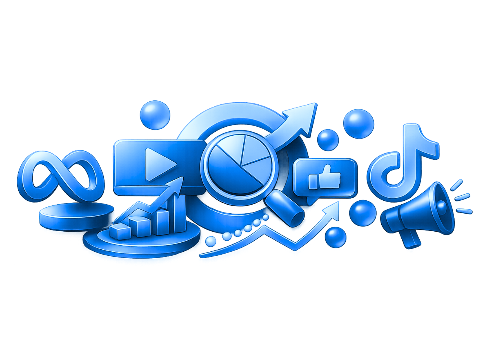 Ilustración 3D con los logotipos de las plataformas de anuncios, gráficas de crecimiento y métricas